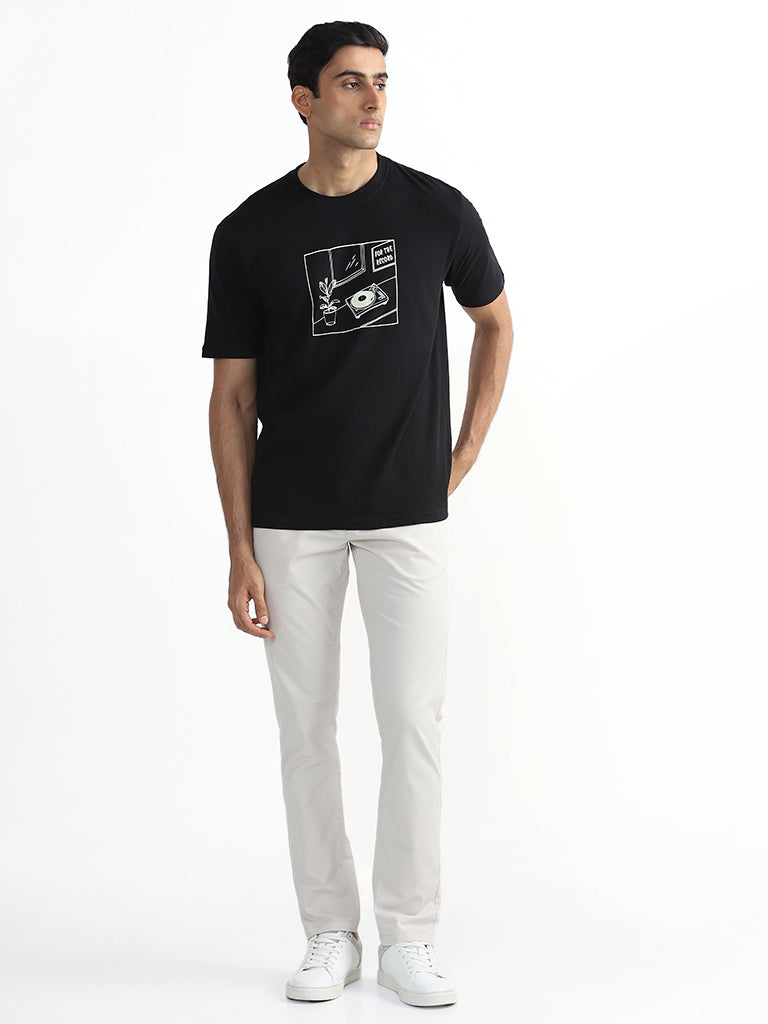 WES Casuals Printed Black Relaxed-Fit T-Shirt