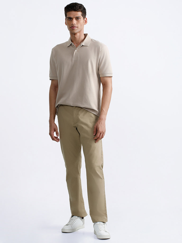 WES Casuals Plain Beige Polo Neck Cotton Blend Relaxed-Fit T-Shirt