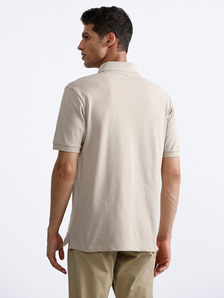 WES Casuals Plain Beige Polo Neck Cotton Blend Relaxed-Fit T-Shirt