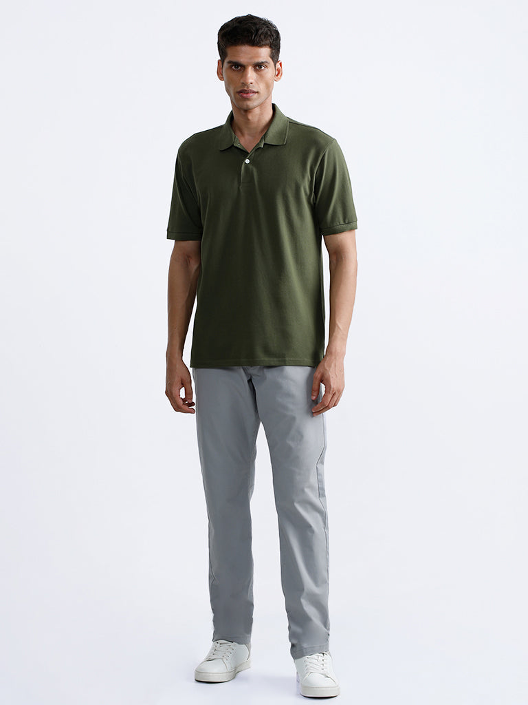 WES Casuals Dark Olive Polo Neck Cotton Blend Relaxed-Fit T-Shirt