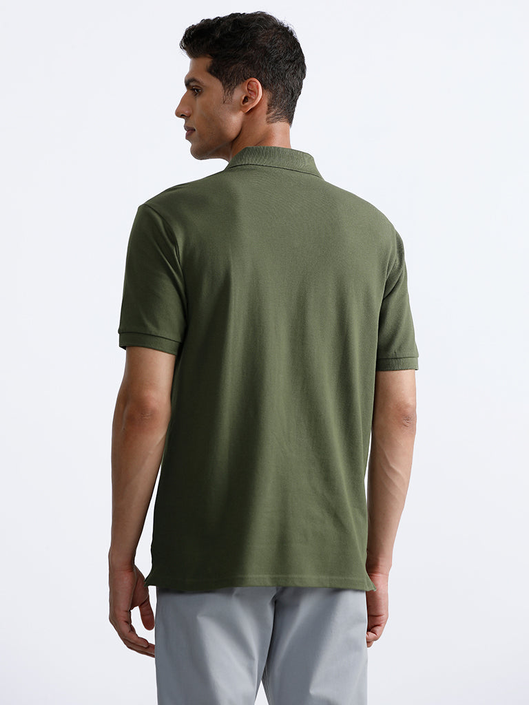 WES Casuals Dark Olive Polo Neck Cotton Blend Relaxed-Fit T-Shirt