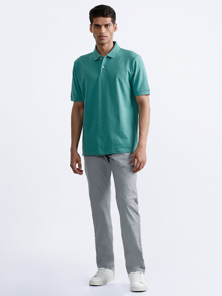 WES Casuals Blue Polo Neck Cotton Blend Relaxed-Fit T-Shirt