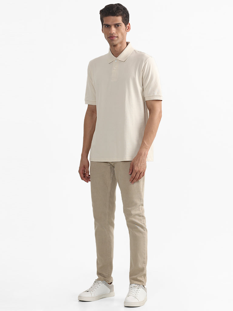 WES Casuals Plain Cream Polo Neck Cotton Blend Relaxed-Fit T-Shirt