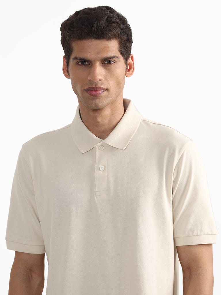 WES Casuals Plain Cream Polo Neck Cotton Blend Relaxed-Fit T-Shirt