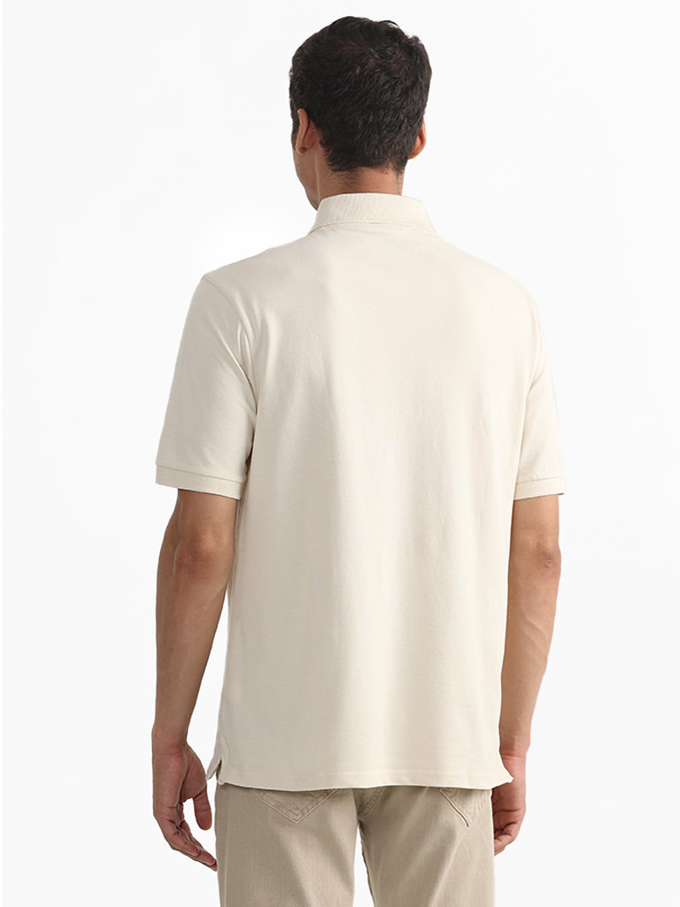 WES Casuals Plain Cream Polo Neck Cotton Blend Relaxed-Fit T-Shirt