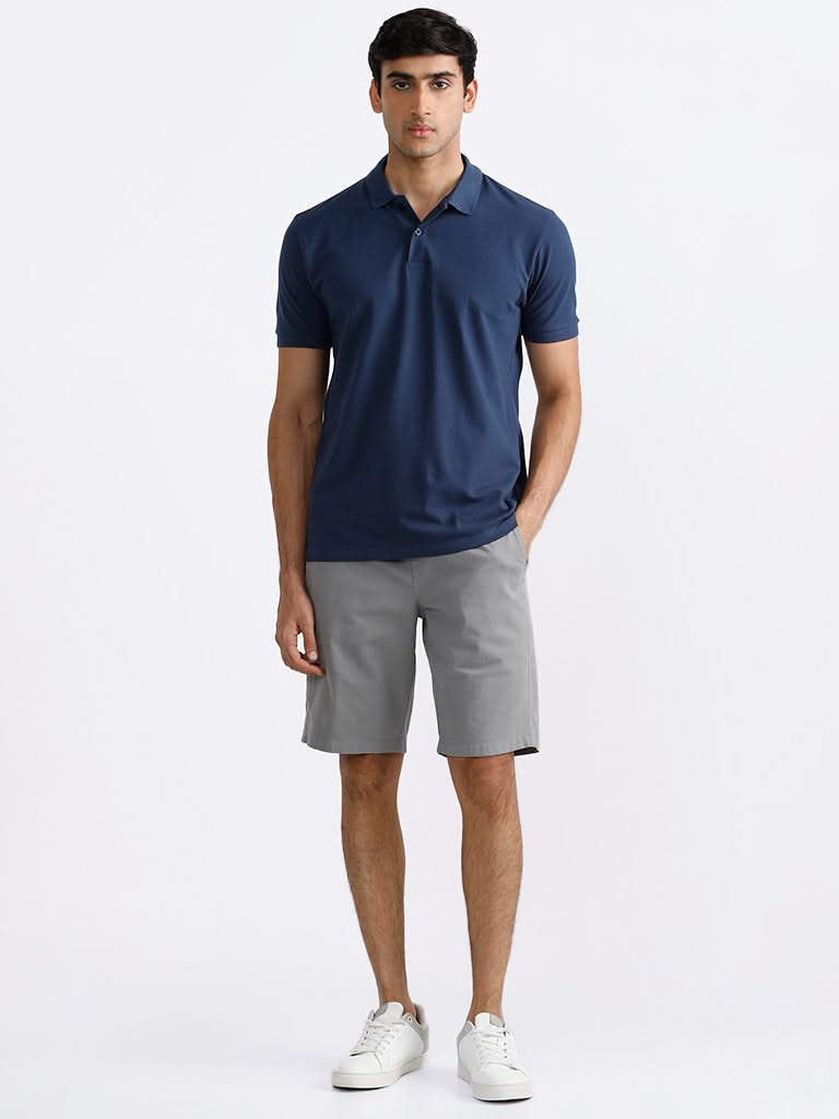 WES Casuals Plain Dark Blue Cotton Blend Slim-Fit T-Shirt