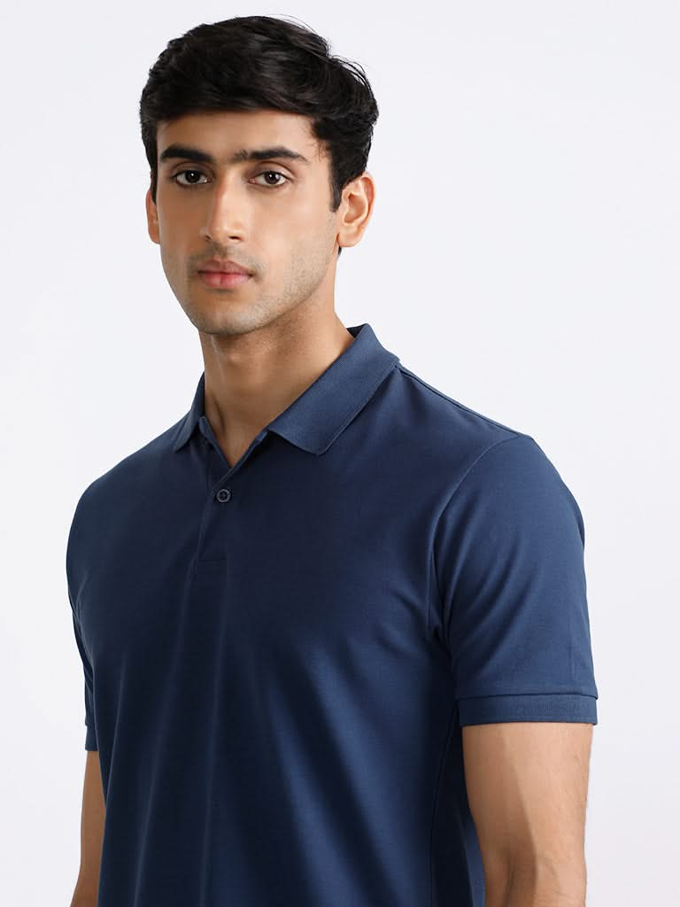 WES Casuals Plain Dark Blue Cotton Blend Slim-Fit T-Shirt