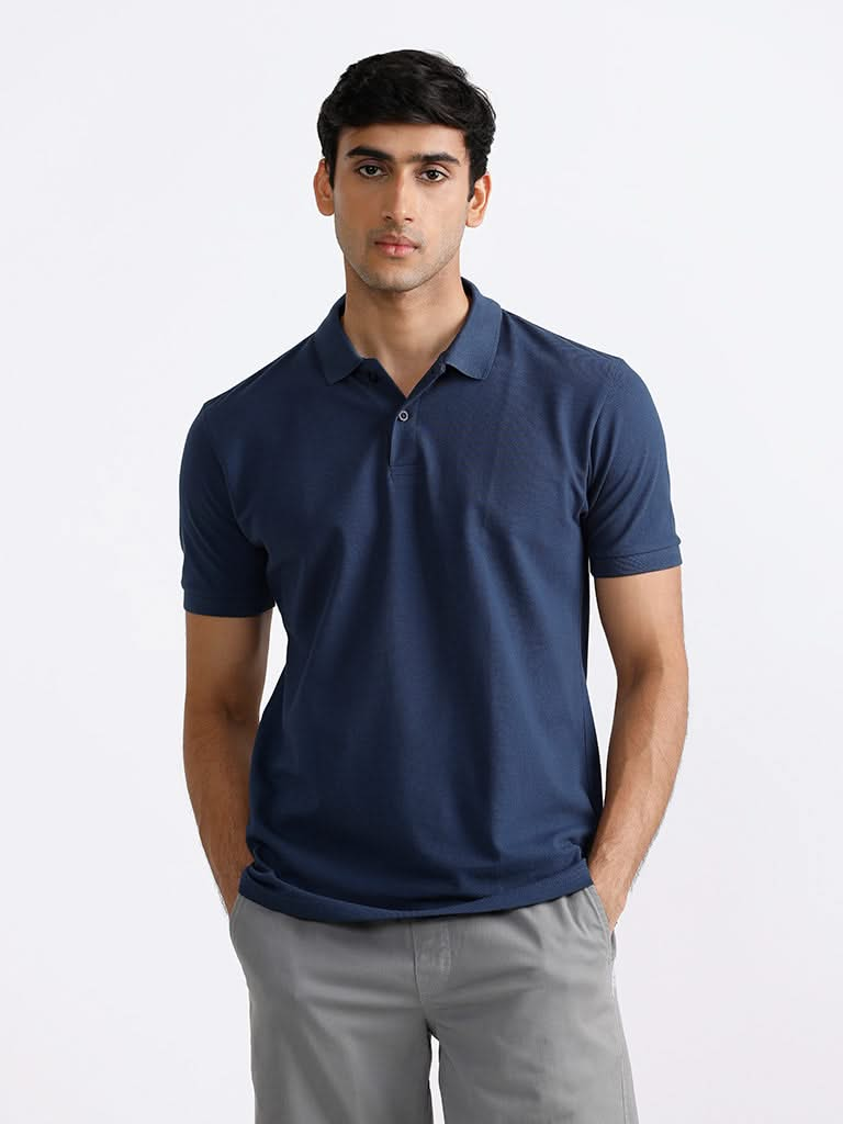 WES Casuals Plain Dark Blue Cotton Blend Slim-Fit T-Shirt