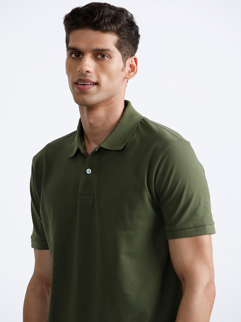 WES Casuals Dark Olive Cotton Blend Polo Neck T-Shirt