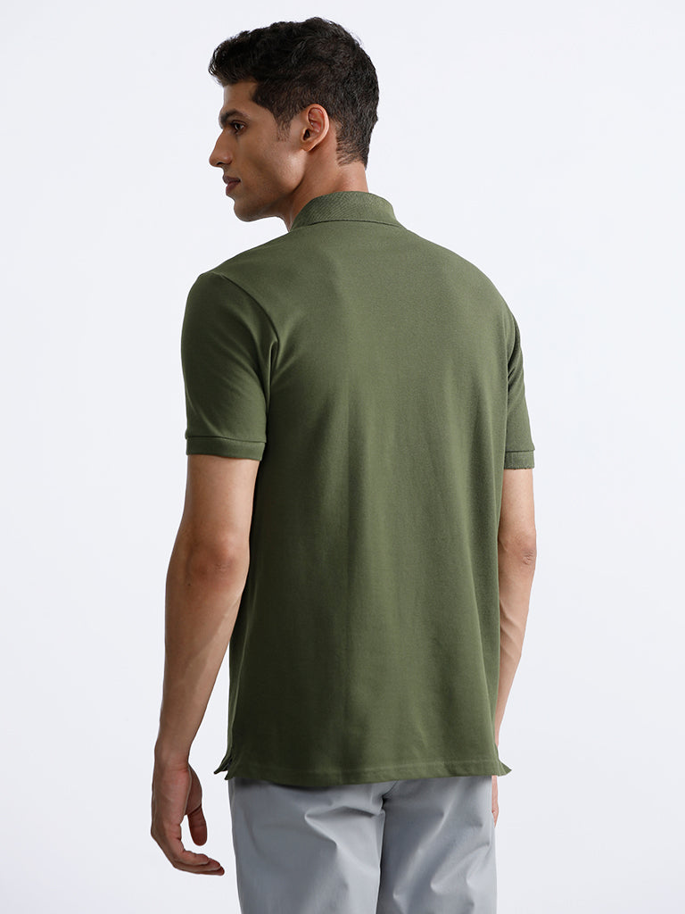 WES Casuals Dark Olive Cotton Blend Polo Neck T-Shirt