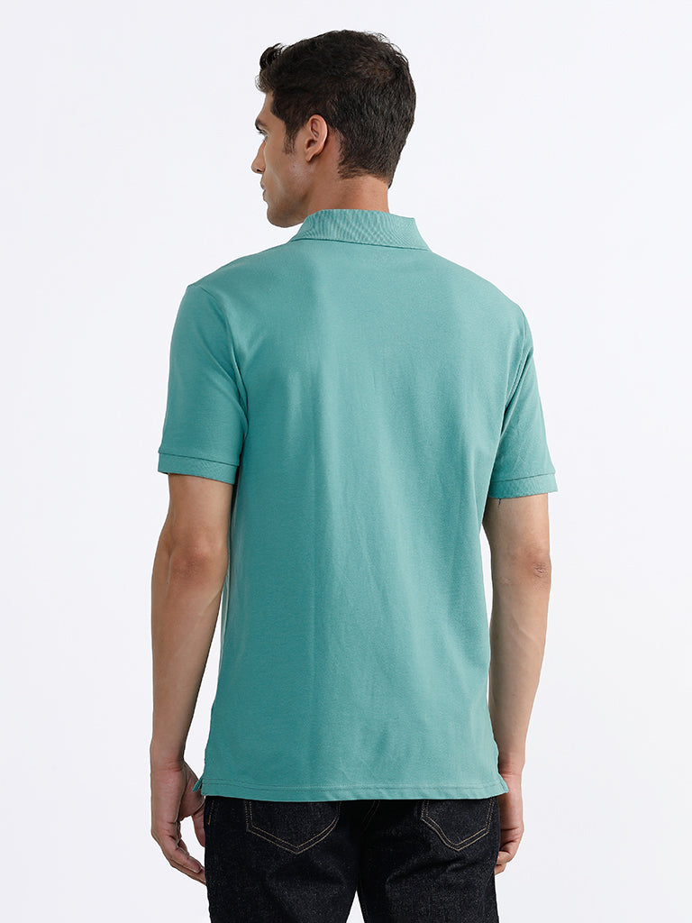 WES Casuals Plain Sage Green Cotton Blend Polo Neck T-Shirt