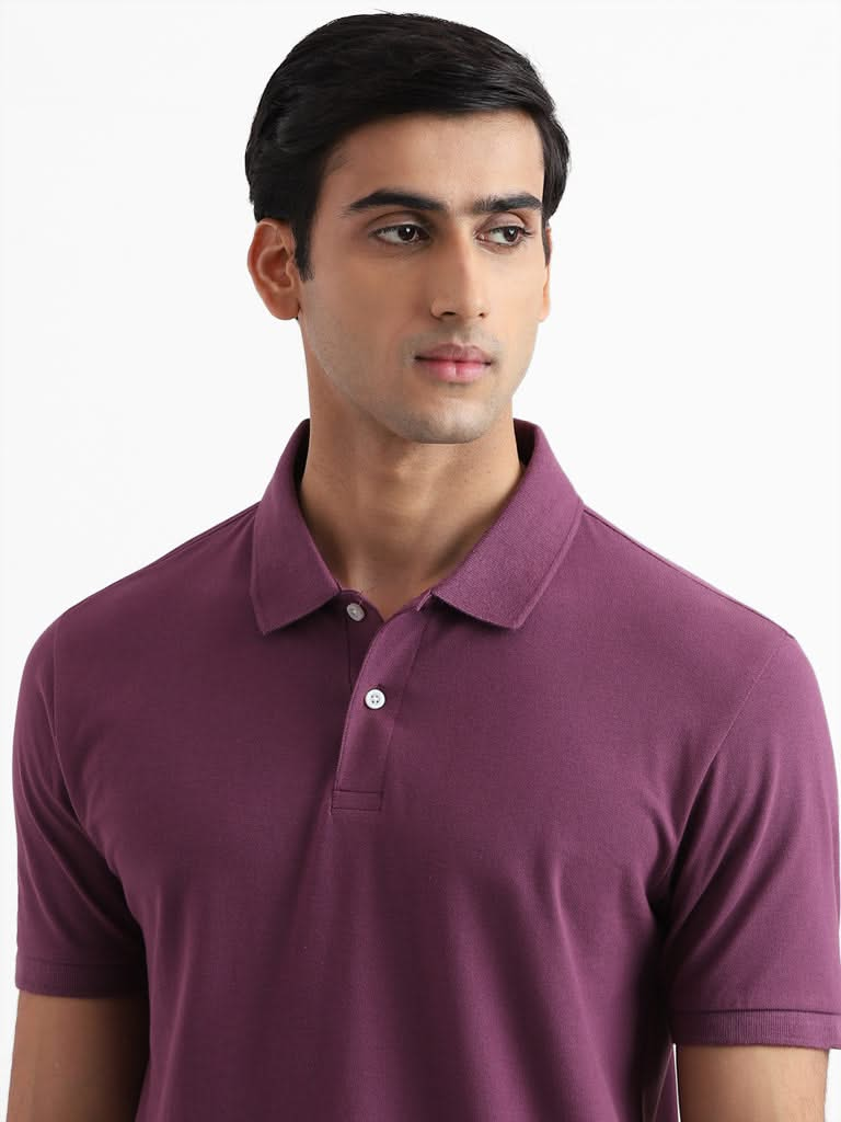 WES Casuals Solid Mauve Cotton Blend T-Shirt