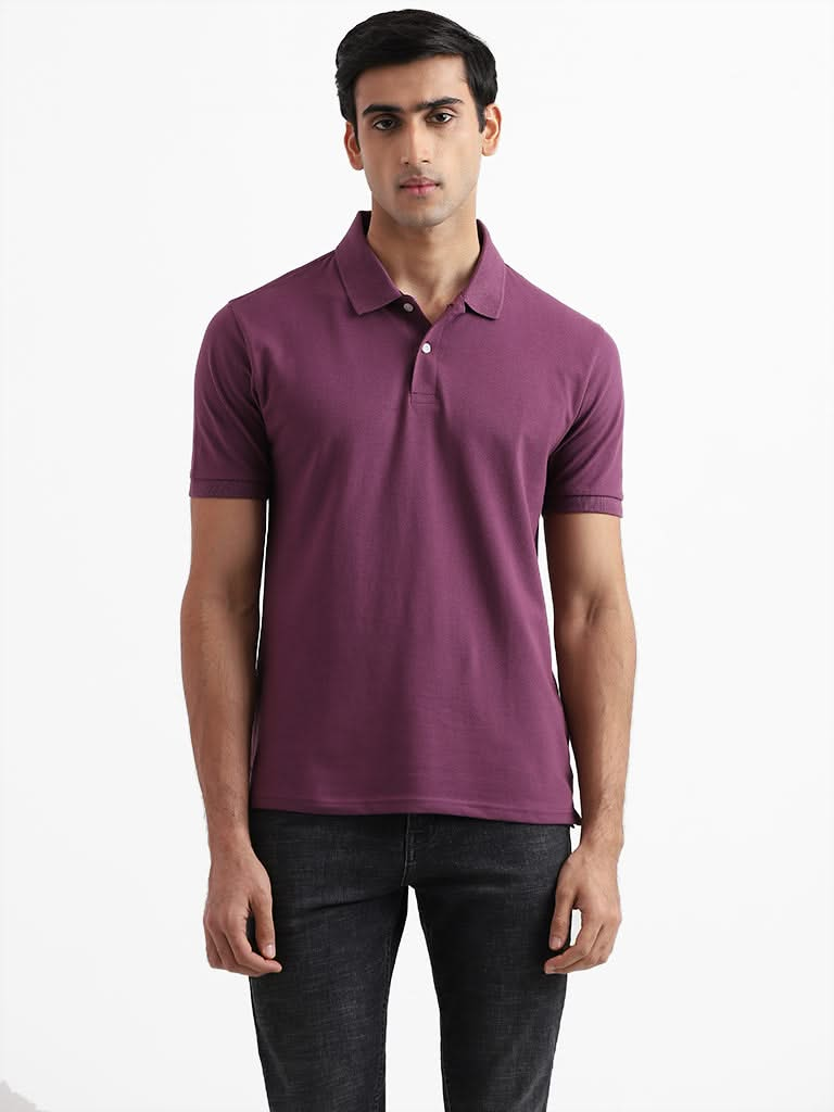 WES Casuals Solid Mauve Cotton Blend T-Shirt