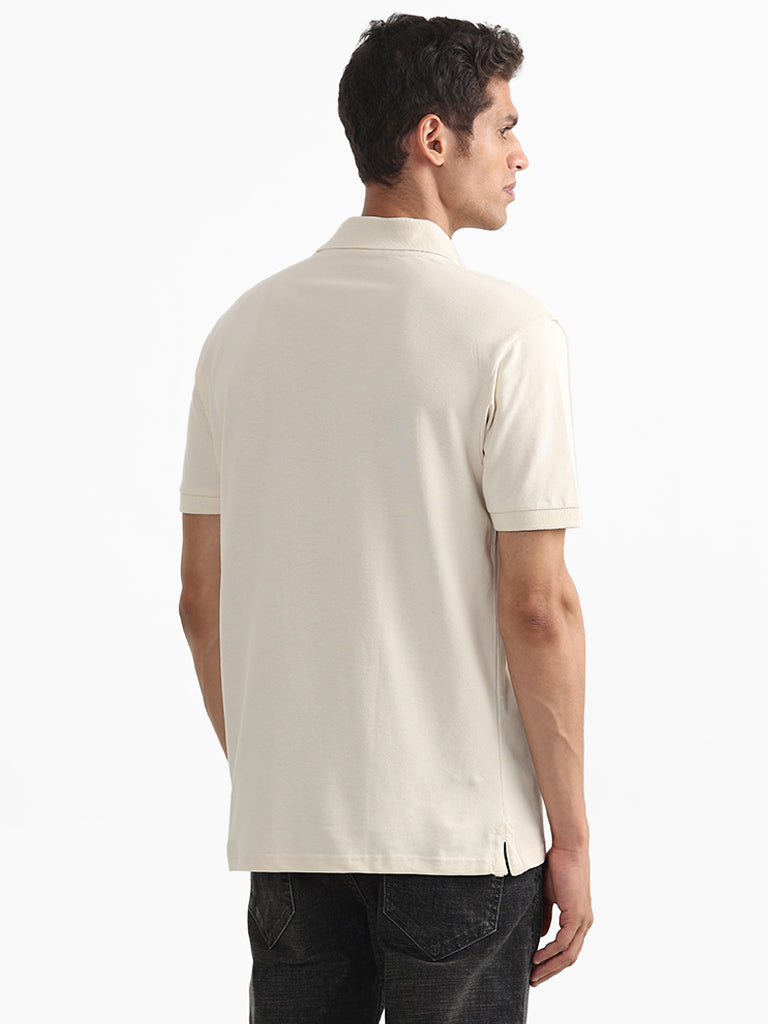 WES Casuals Plain Cream Cotton Blend Polo Neck T-Shirt