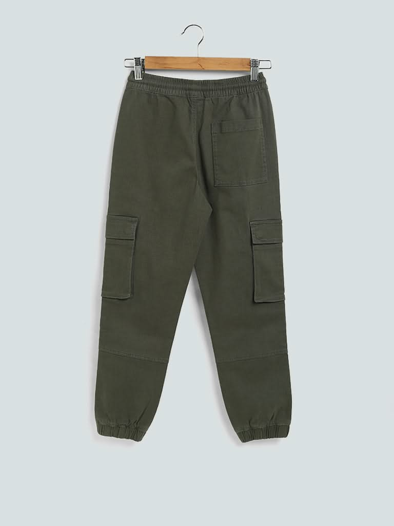 Y&F Kids Olive Green Solid Elasticated Joggers