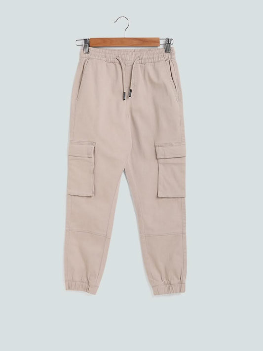 Y&F Kids Beige Plain Elasticated Joggers