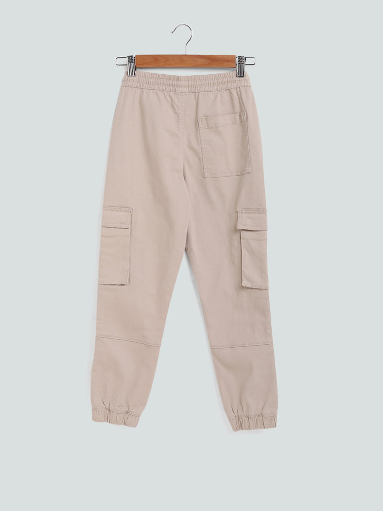 Y&F Kids Beige Plain Elasticated Joggers