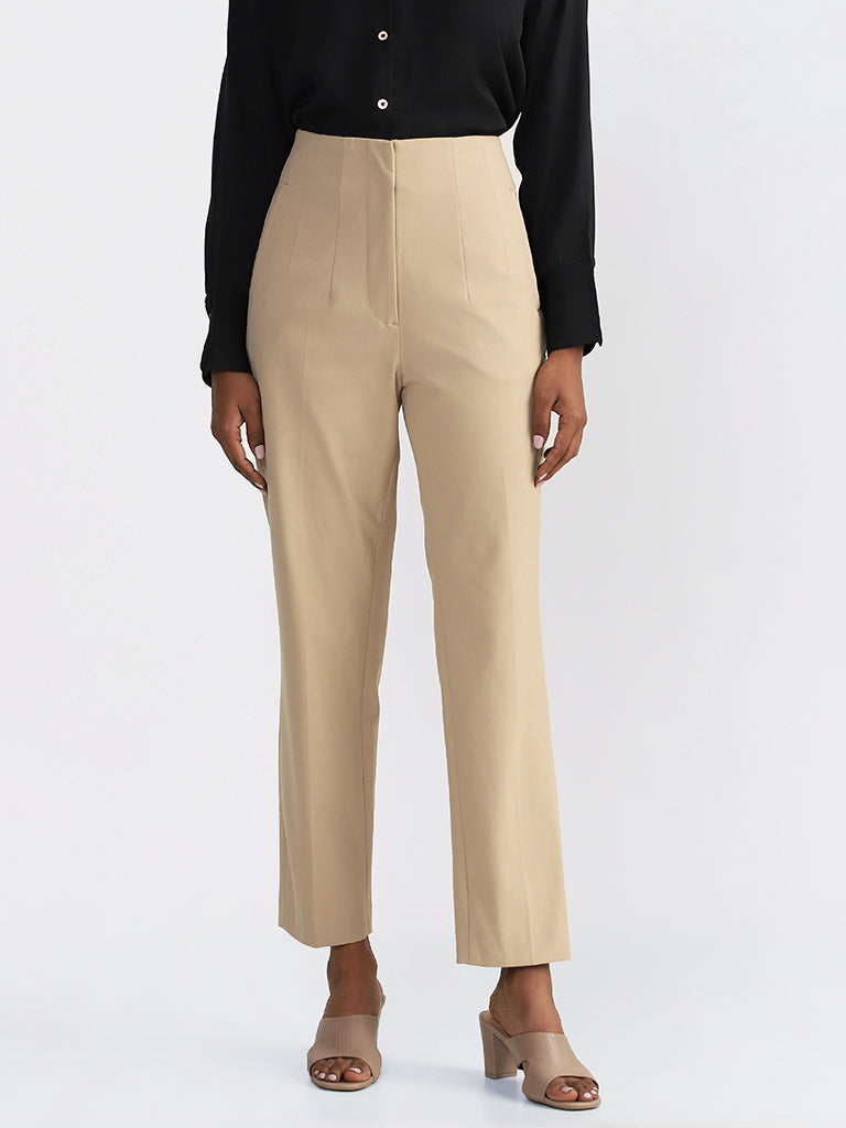 Wardrobe Solid Beige High-Rise Trousers