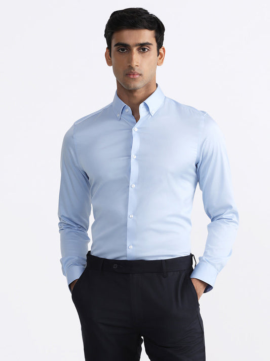 WES Formals Solid Light Blue Slim-Fit Shirt