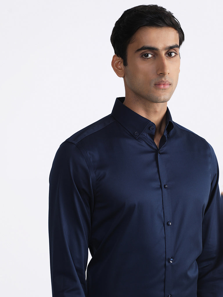 WES Formals Solid Navy-Colored Slim-Fit Shirt