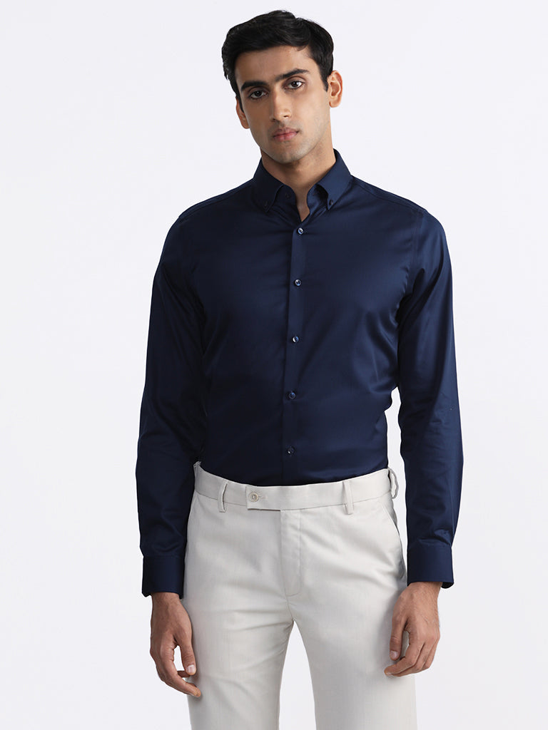 WES Formals Solid Navy-Colored Slim-Fit Shirt