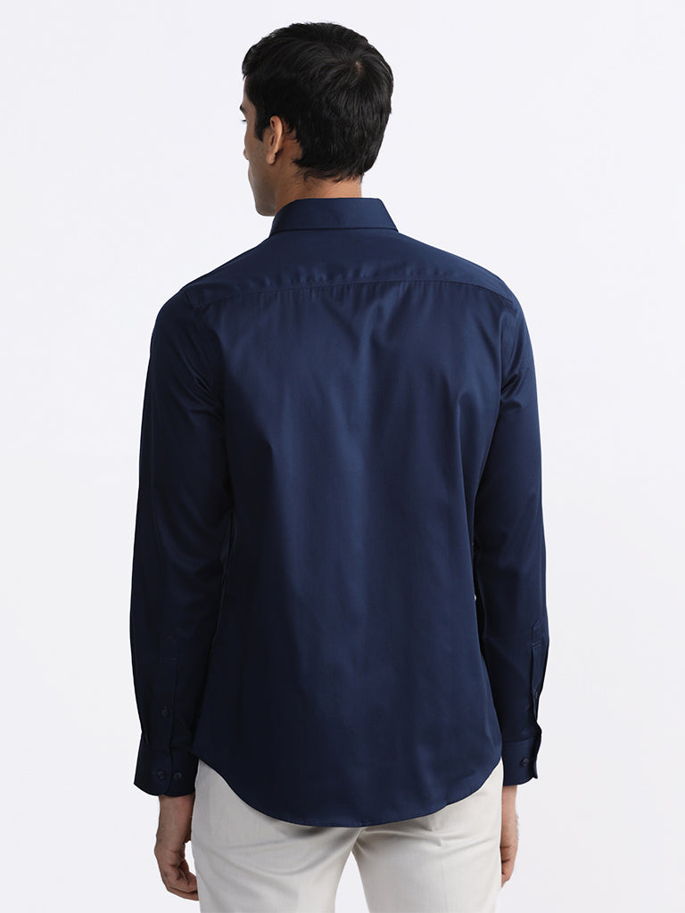 WES Formals Solid Navy-Colored Slim-Fit Shirt