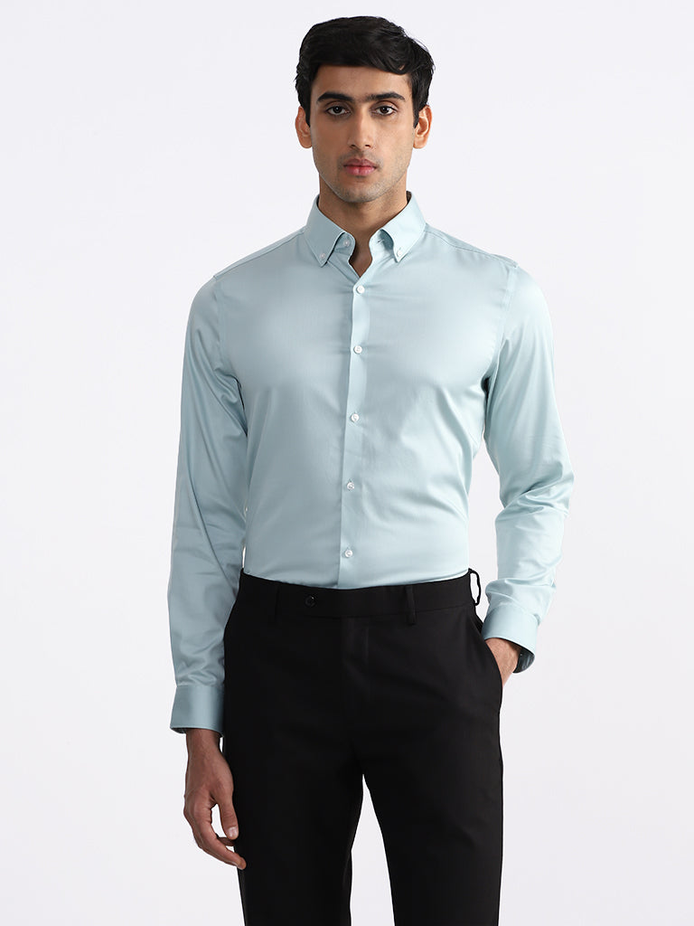 WES Formals Solid Sage Slim-Fit Shirt