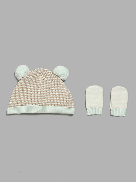 HOP Baby Mint Striped Pom Pom Beanie with Paw Mitten Set