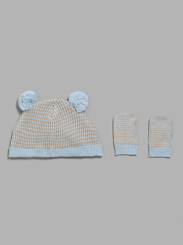 HOP Baby Blue Striped Pom Pom Beanie with Paw Mitten Set