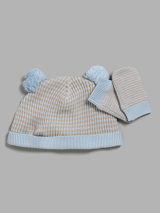 HOP Baby Blue Striped Pom Pom Beanie with Paw Mitten Set