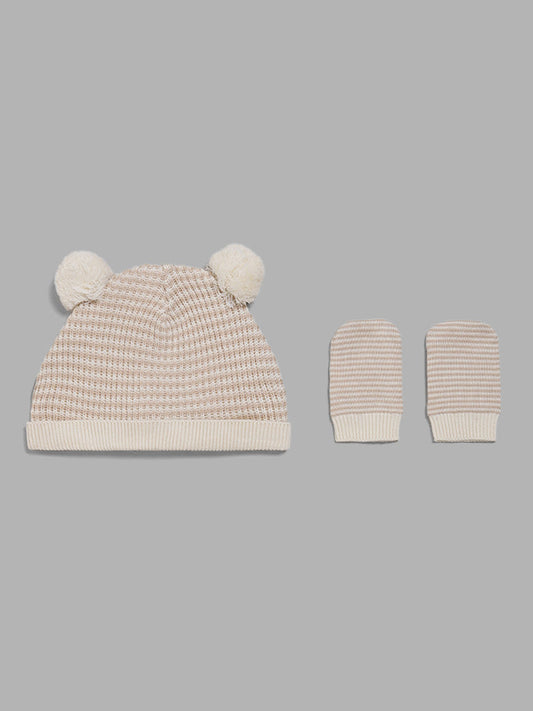 HOP Baby Pink Striped Pom Pom Beanie with Paw Mitten Set