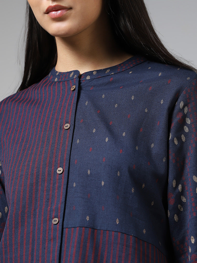 Utsa Indigo Striped & Printed Buttoned Down Kurta