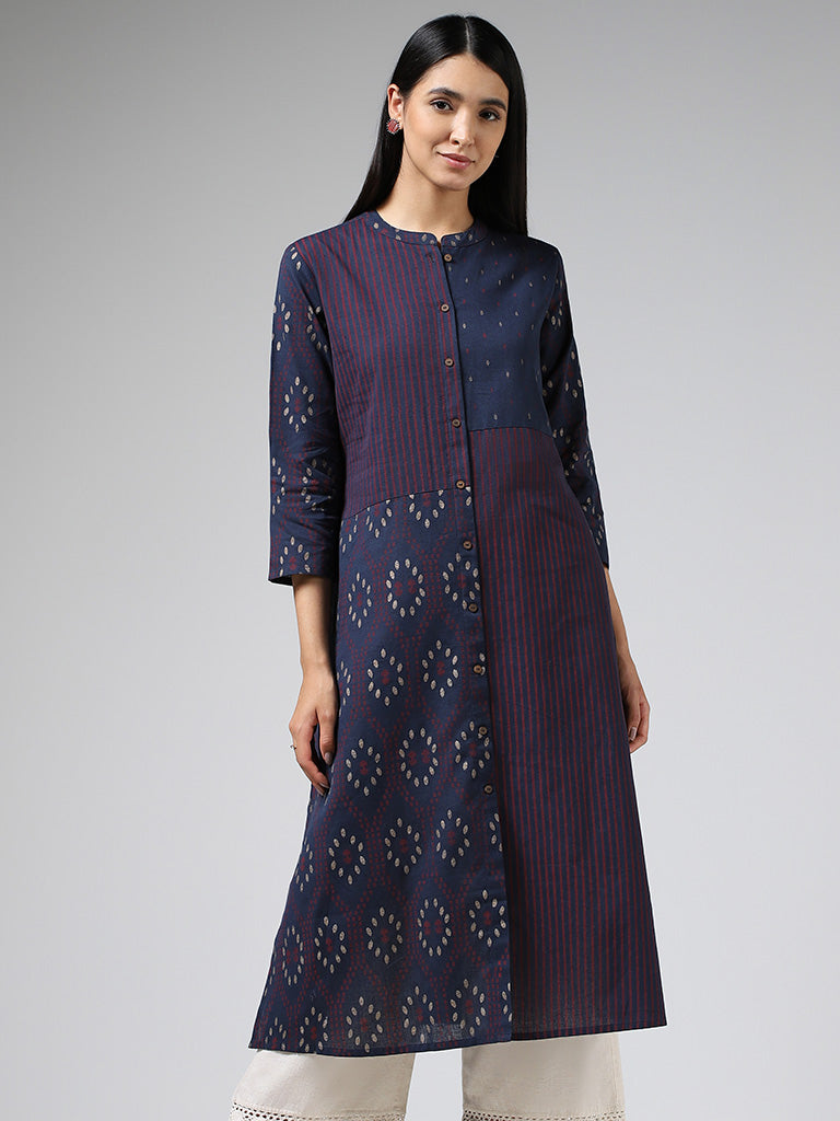 Utsa Indigo Striped & Printed Buttoned Down Kurta