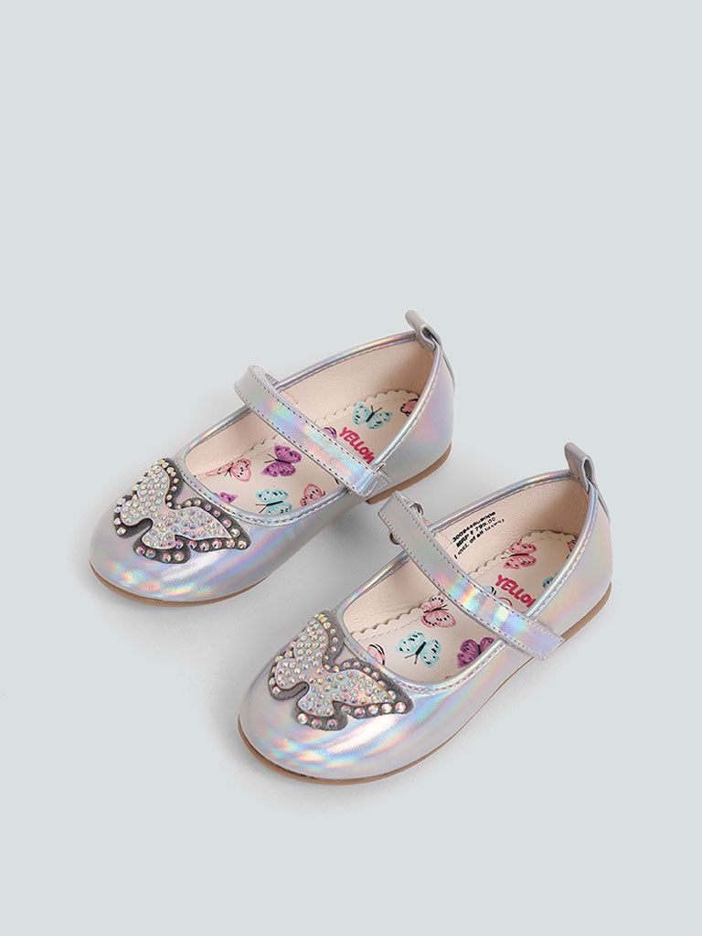 Yellow Silver Butterfly Embellished Ballerina Shoes