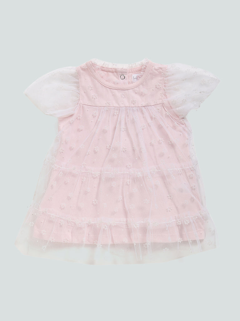 HOP Baby Peach Floral Mesh Flock Dress