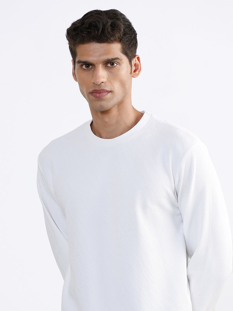 Ascot Textured White Cotton Blend Relaxed-Fit T-Shirt