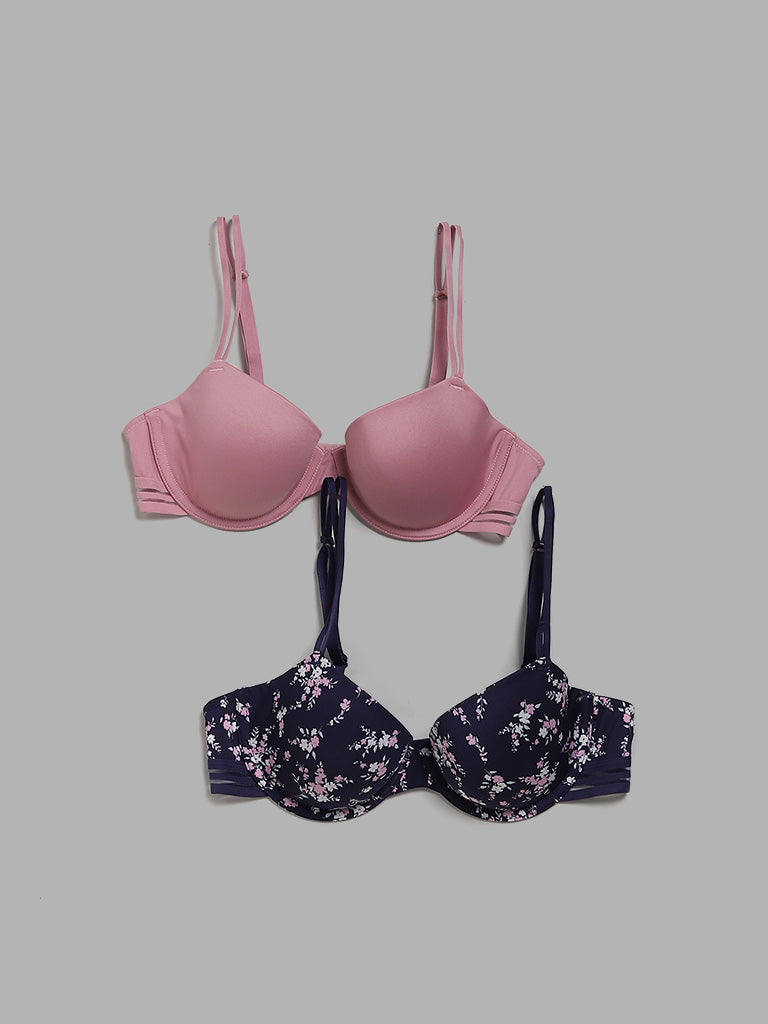 Wunderlove Navy Floral Printed Bra - Pack of 2