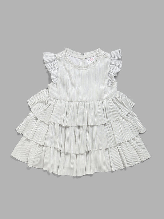 HOP Baby White Self Striped Tiered Dress