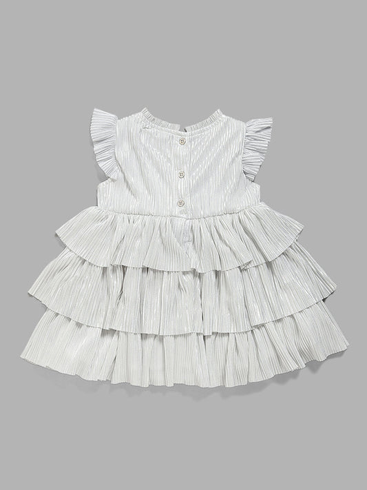 HOP Baby White Self Striped Tiered Dress