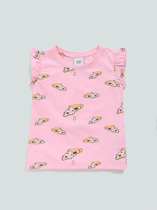 HOP Kids Pizza Printed Pink T-Shirt