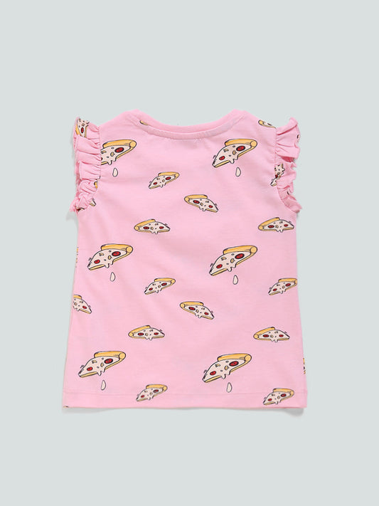 HOP Kids Pizza Printed Pink T-Shirt