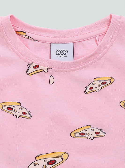 HOP Kids Pizza Printed Pink T-Shirt