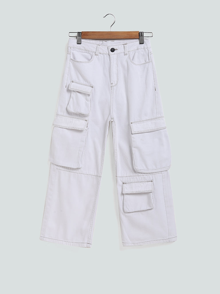 Y&F Kids White Relaxed - Fit High - Rise Cargo Jeans