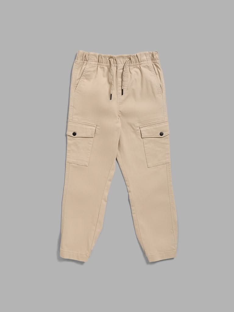 Y&F Kids Solid Beige Cargo Joggers