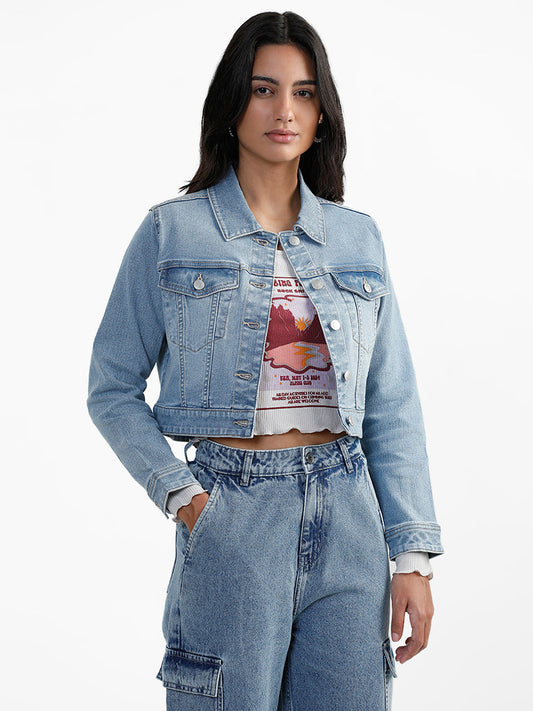 Nuon Light Blue Crop Fit Denim Jacket