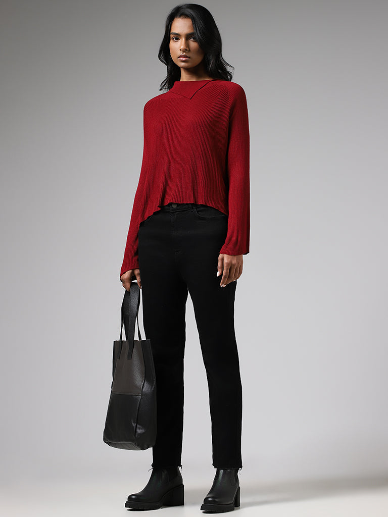 LOV Maroon Asymmetrical Flap Collar Sweater