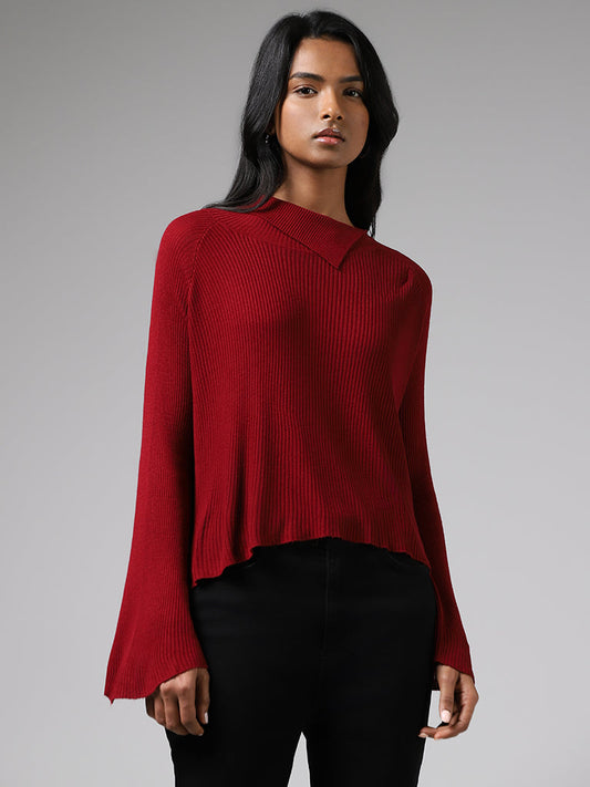 LOV Maroon Asymmetrical Flap Collar Sweater