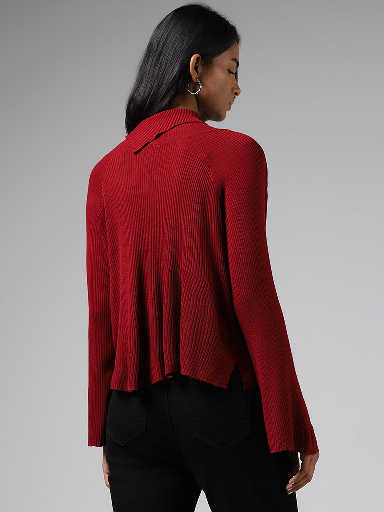 LOV Maroon Asymmetrical Flap Collar Sweater