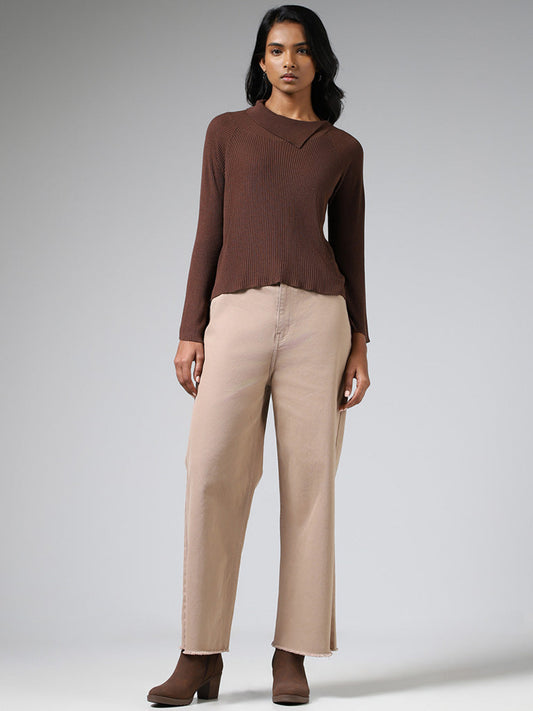 LOV Chocolate Brown Asymmetrical Flap Collar Sweater