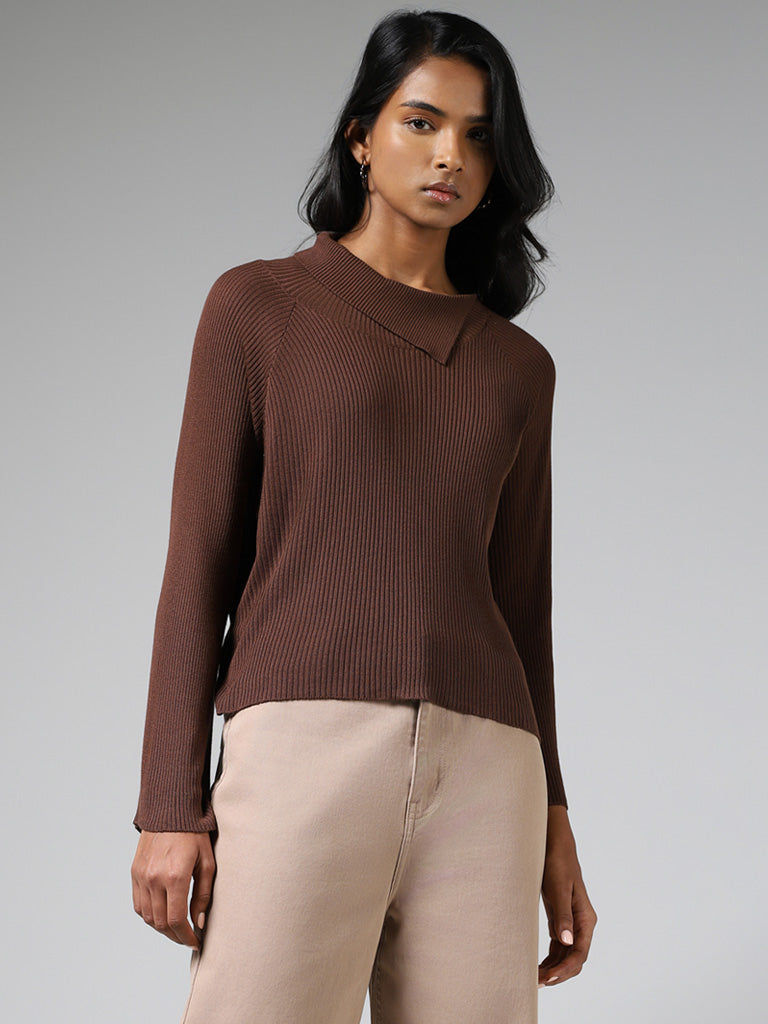 LOV Chocolate Brown Asymmetrical Flap Collar Sweater